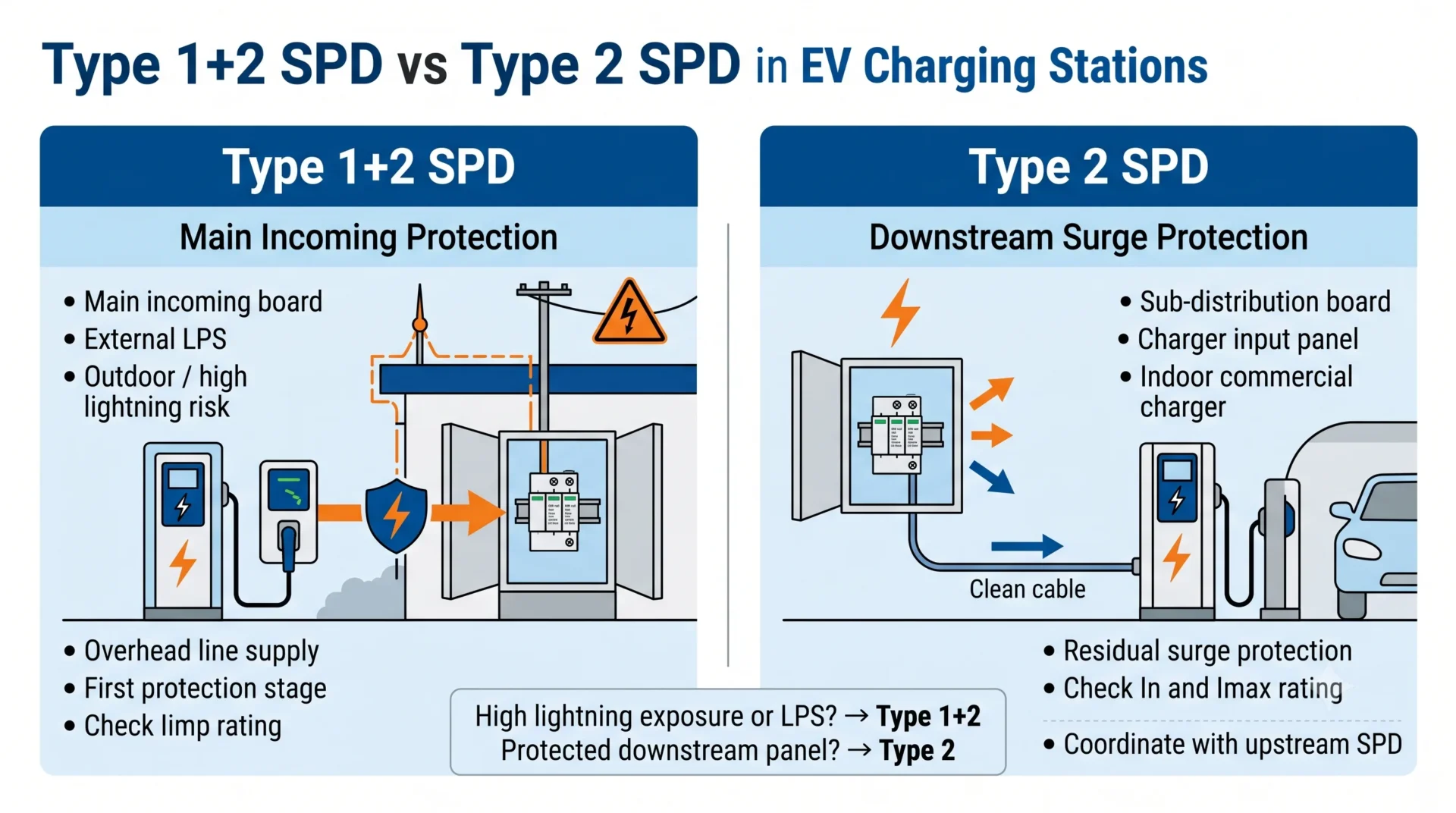 Type 1+2 vs Type 2 SPD selection for EV charger and charging station distribution boards