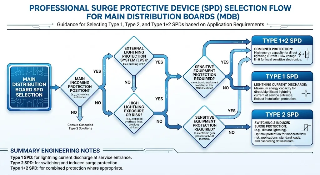Type 1 Type 2 and Type 1 plus 2 SPD selection flow for a main distribution board