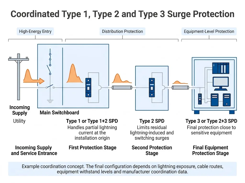 Type 1, Type 2 and Type 3 SPD coordination architecture from main switchboard to sensitive equipment