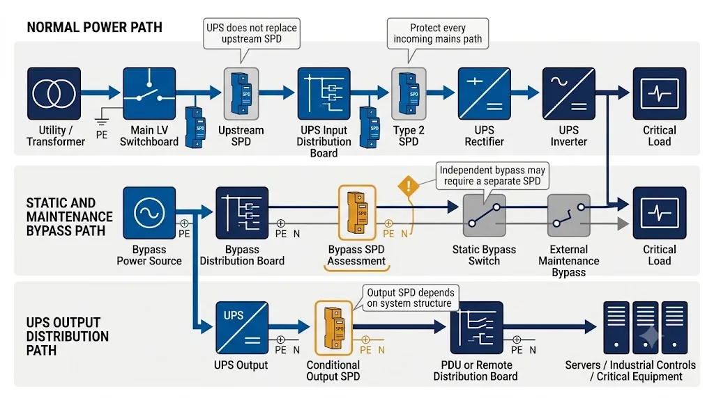 UPS surge protection architecture showing SPD locations on input bypass and output circuits