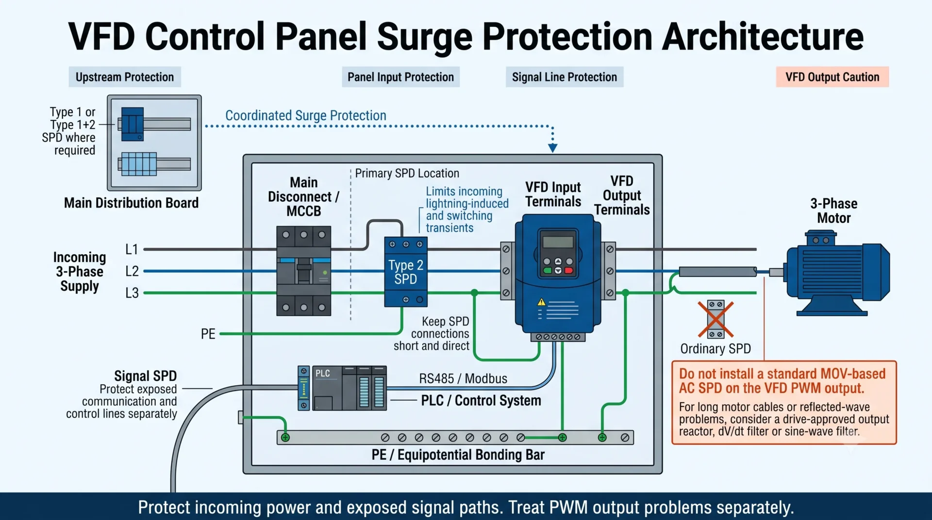 VFD control panel surge protection architecture showing a Type 2 SPD on the incoming power side and a signal SPD on RS485 or Modbus control lines