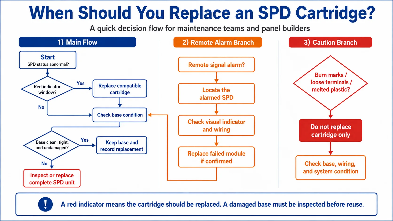 Flowchart showing when to replace an SPD cartridge after red indicator or remote signal alarm