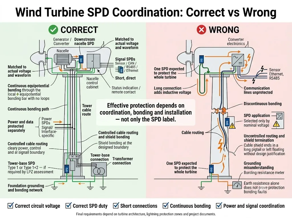 Correct and incorrect wind turbine SPD coordination, grounding, bonding and cable installation comparison