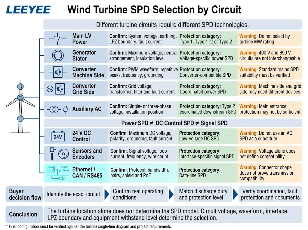 Wind turbine SPD selection comparison for main power, converter, control, sensor and communication circuits
