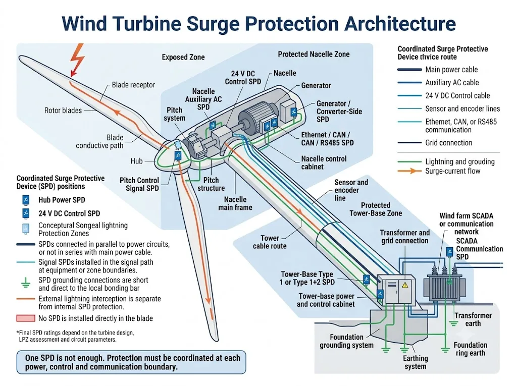 Wind turbine surge protection architecture showing coordinated SPDs from the hub and nacelle to the tower base