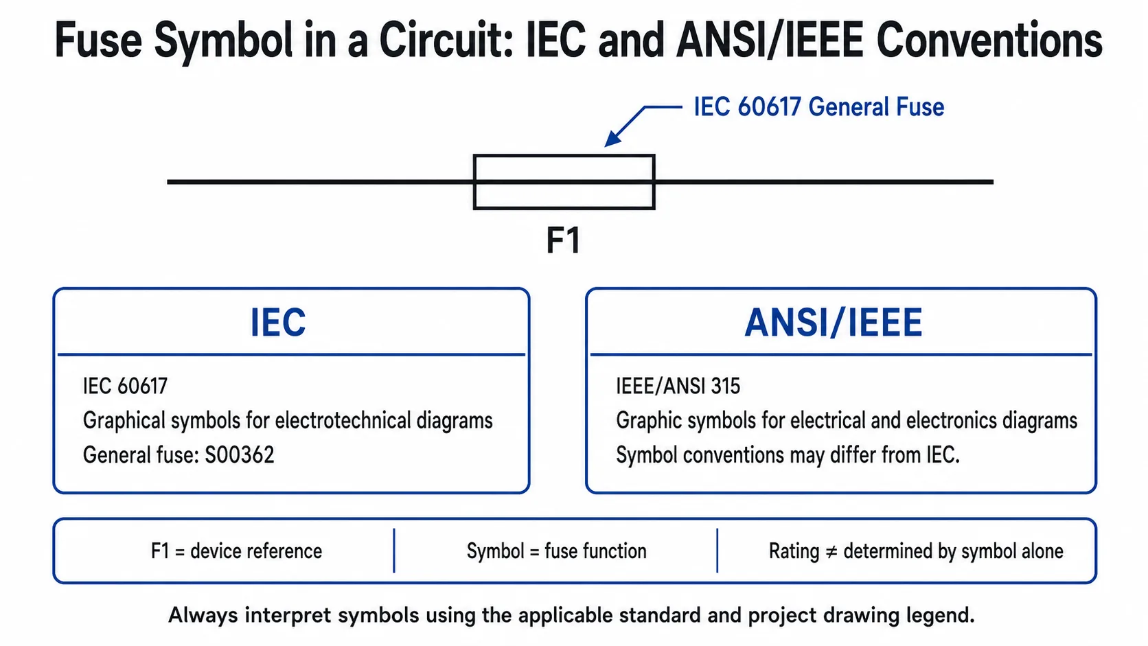 Fuse Symbol in a Circuit: IEC and ANSI IEEE Conventions Fuse symbol in a circuit with IEC and ANSI IEEE drawing conventions