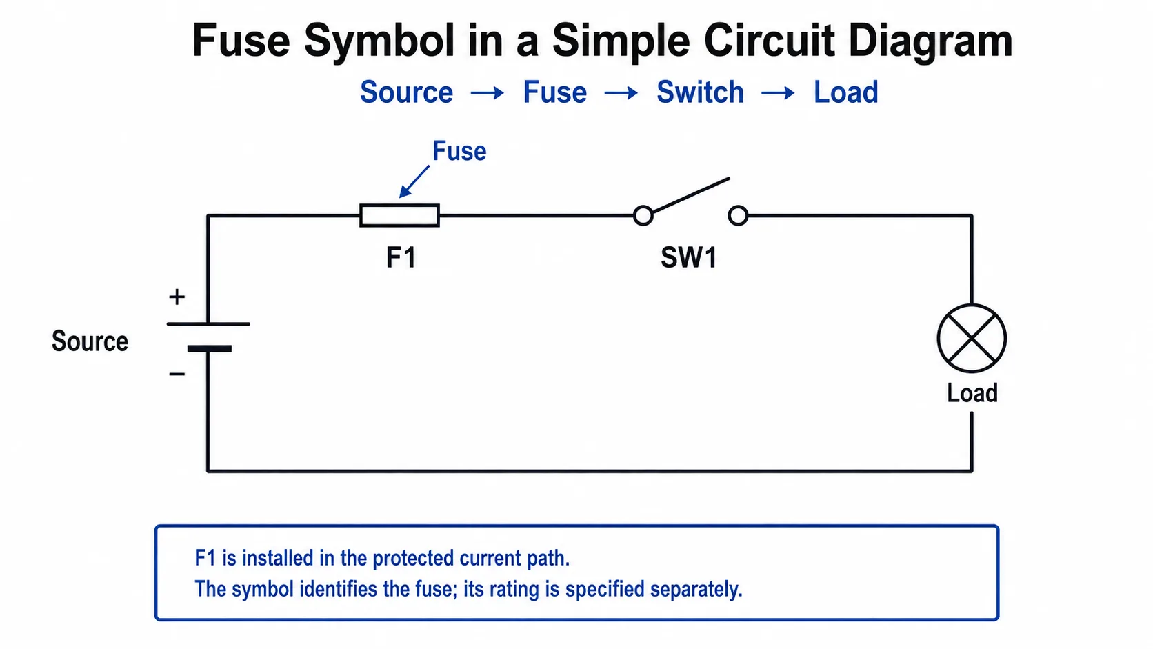 Fuse Symbol in a Simple Circuit Diagram Fuse symbol in a circuit diagram showing F1 in series before a switch and load