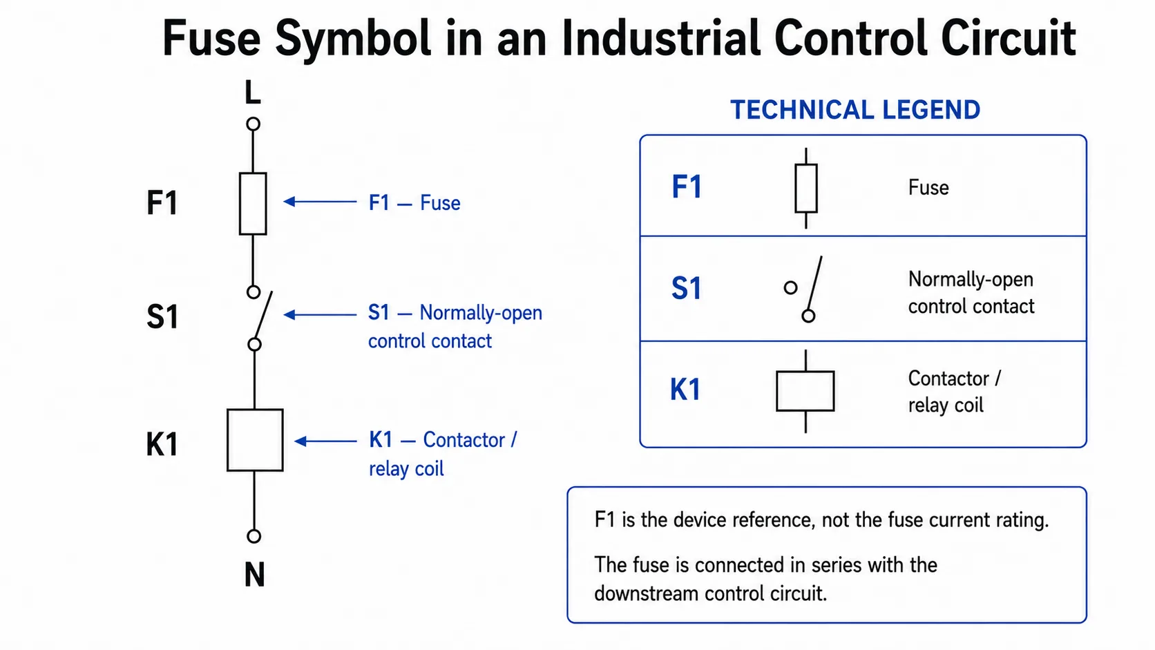 Fuse Symbol in an Industrial Control Circuit Fuse symbol in an industrial control circuit showing F1 S1 and K1 coil
