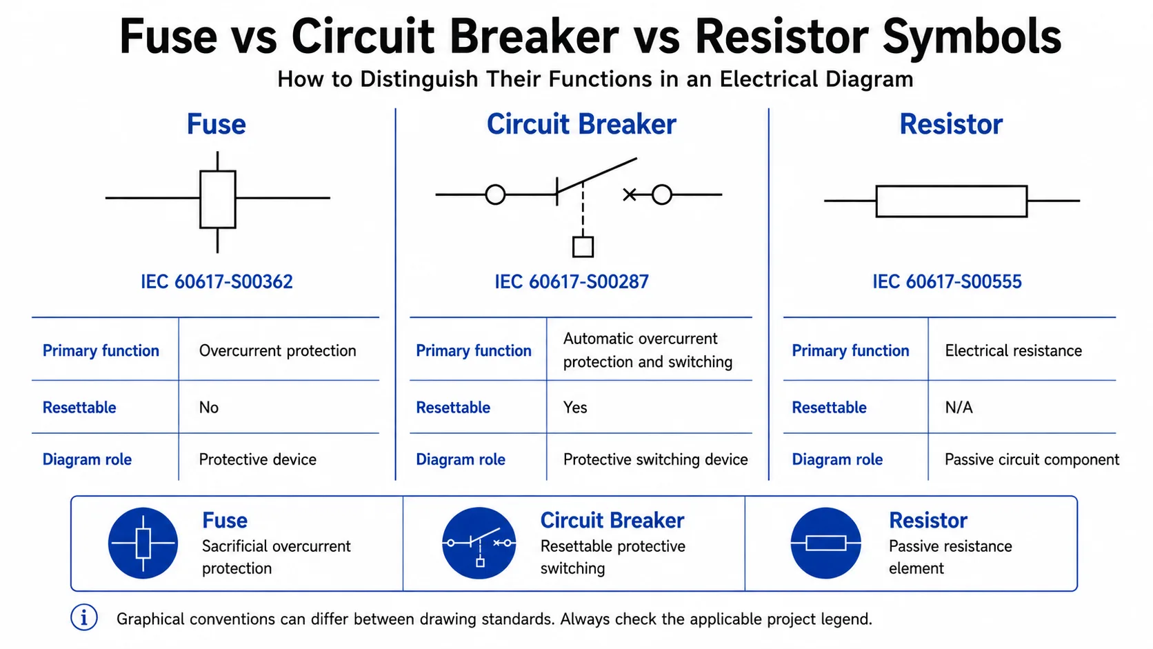 Fuse vs Circuit Breaker vs Resistor Symbols Fuse vs circuit breaker vs resistor symbols in an electrical diagram