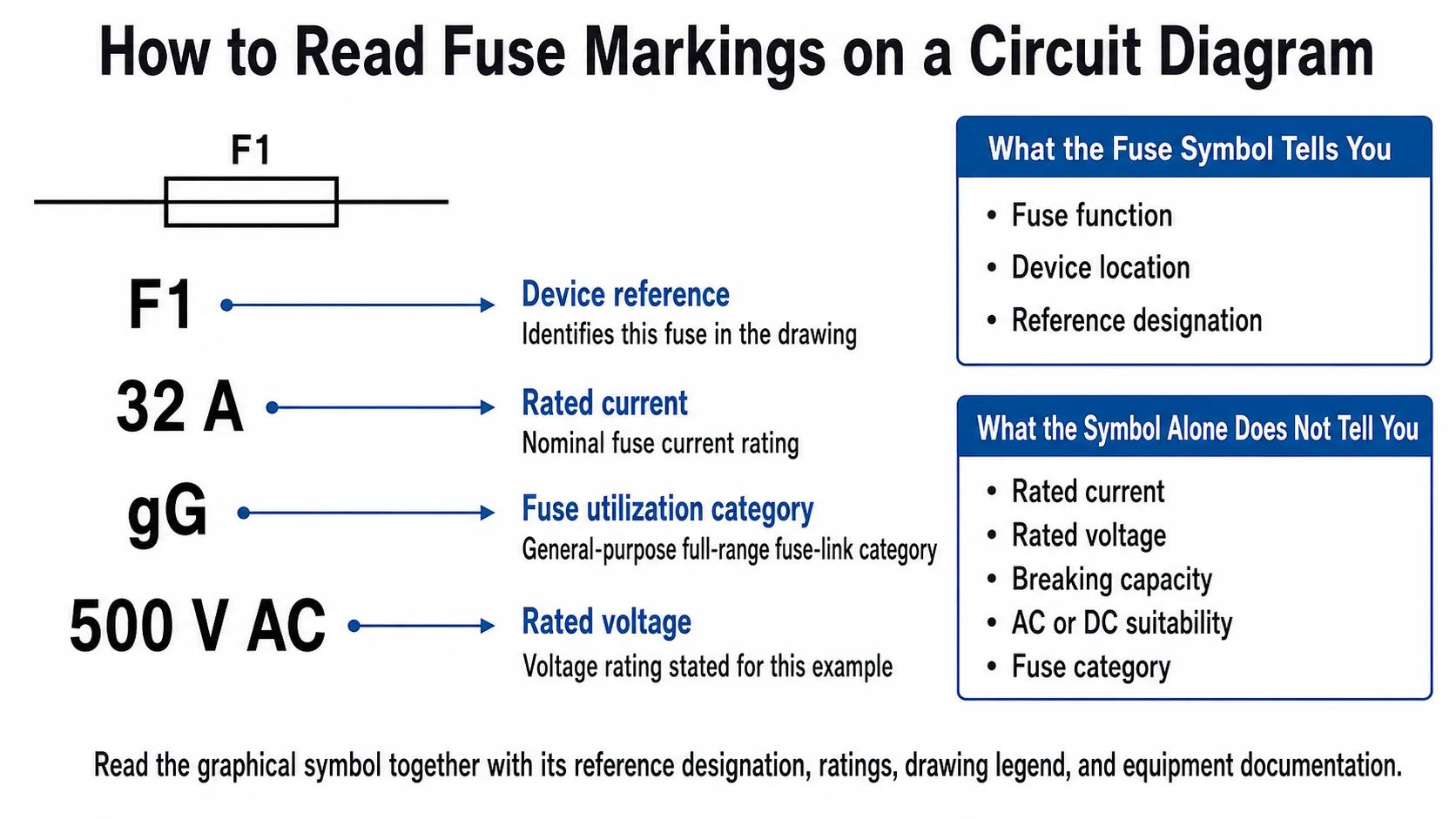 How to Read Fuse Markings on a Circuit Diagram How to read F1 32 A gG and 500 V AC fuse markings on a circuit diagram