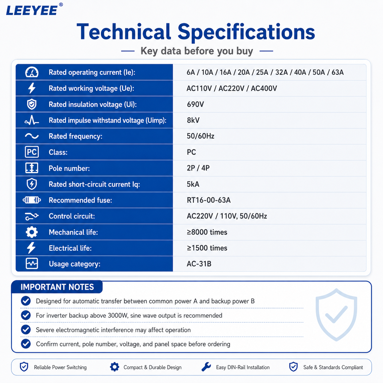 LEEYEE ATS-63 technical specifications including rated current voltage insulation voltage frequency PC class pole number short-circuit current fuse control circuit and service life