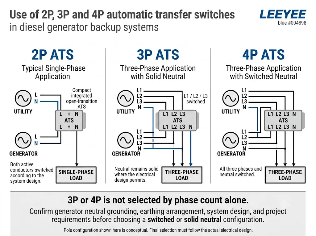 Comparison of 2P 3P and 4P ATS configurations for single-phase and three-phase diesel generator systems