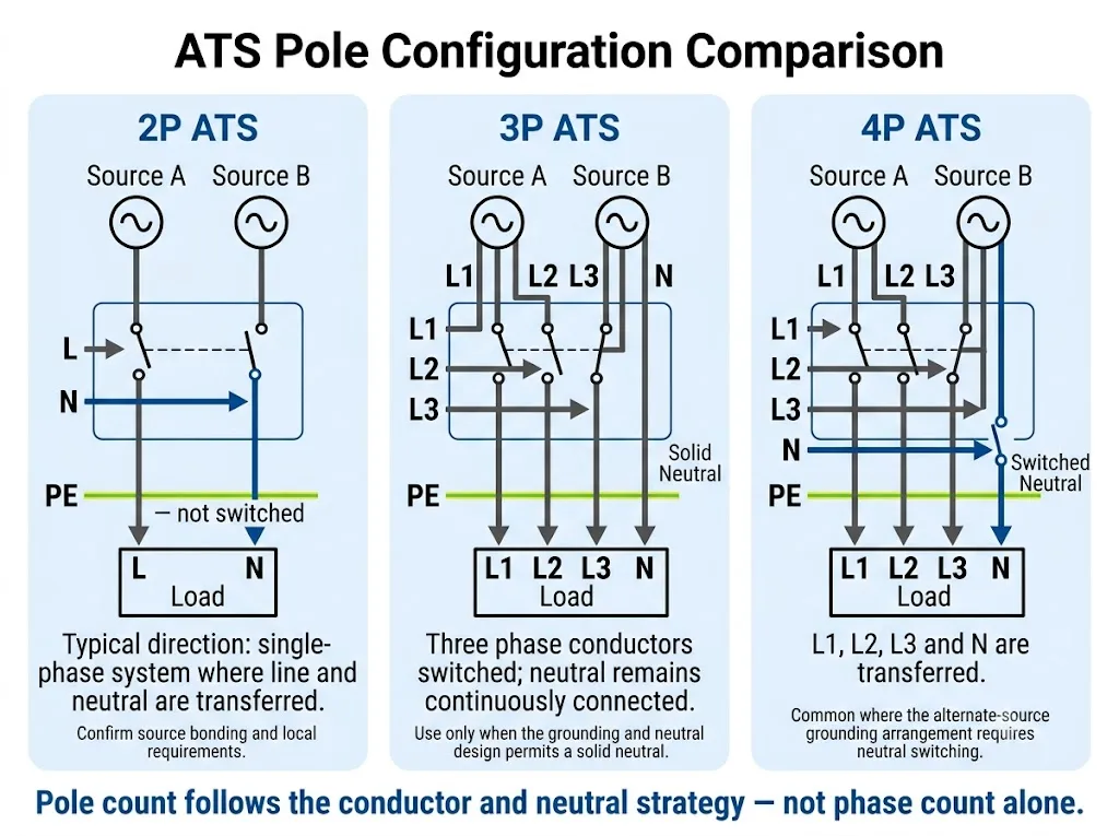 Comparison of 2P 3P and 4P automatic transfer switch neutral arrangements