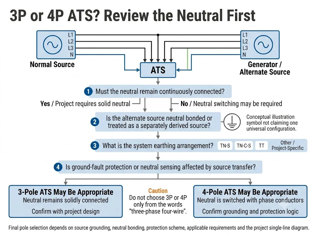Decision diagram for choosing 3-pole or 4-pole ATS based on neutral, generator grounding and earthing arrangement