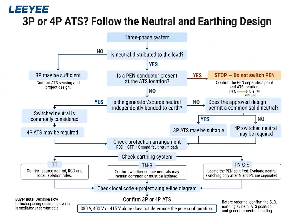 3P or 4P ATS selection flow for TT TN-S and TN-C-S systems including PEN and generator neutral bonding