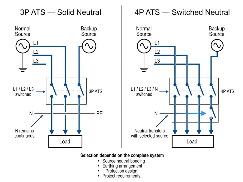 3P solid neutral versus 4P switched neutral automatic transfer switch diagram