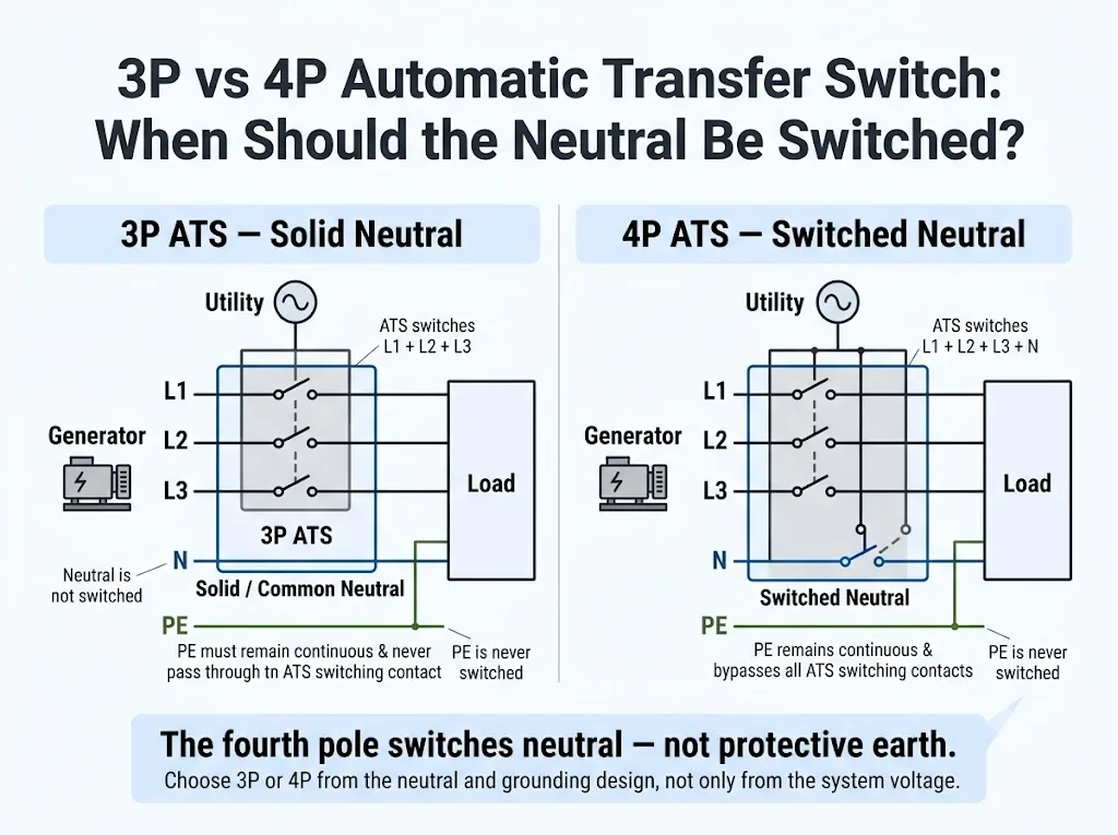 3P vs 4P automatic transfer switch diagram showing solid neutral and switched neutral in three-phase systems