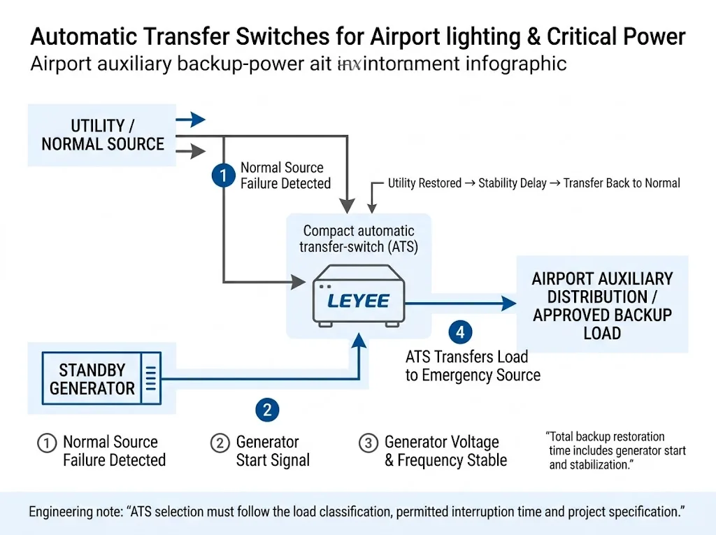 Airport automatic transfer switch backup power system diagram showing utility, generator, ATS and auxiliary load