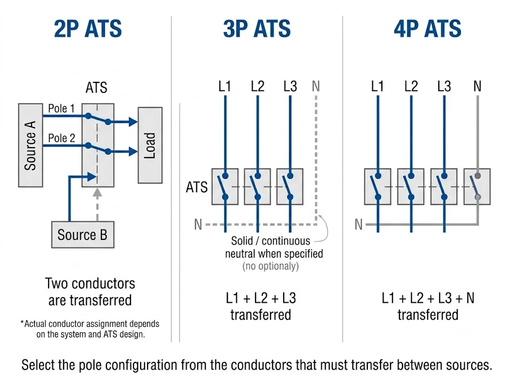 ATS 2P 3P and 4P switched conductor diagram showing phases and neutral