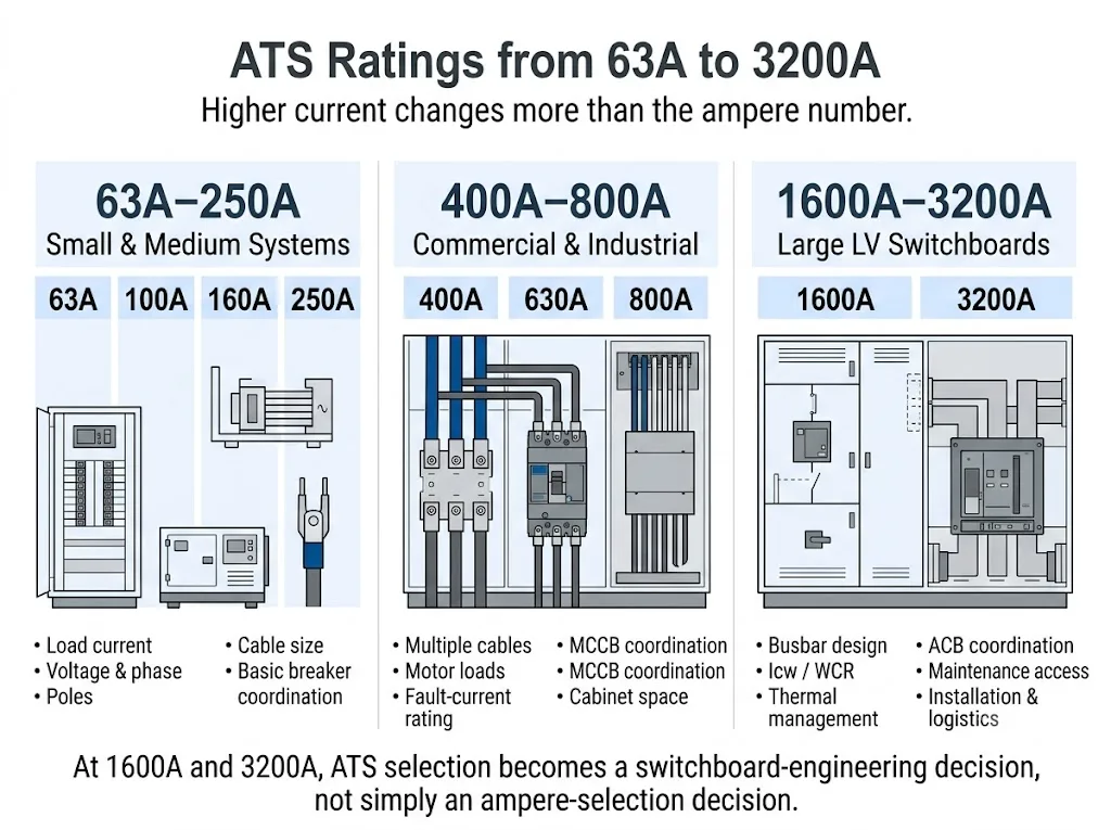 Comparison of 63A to 3200A automatic transfer switch ratings and typical project scale