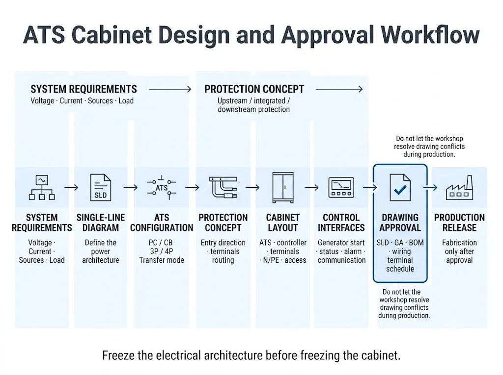 Compact ATS cabinet design workflow from system requirements and ATS selection to drawing approval and panel production