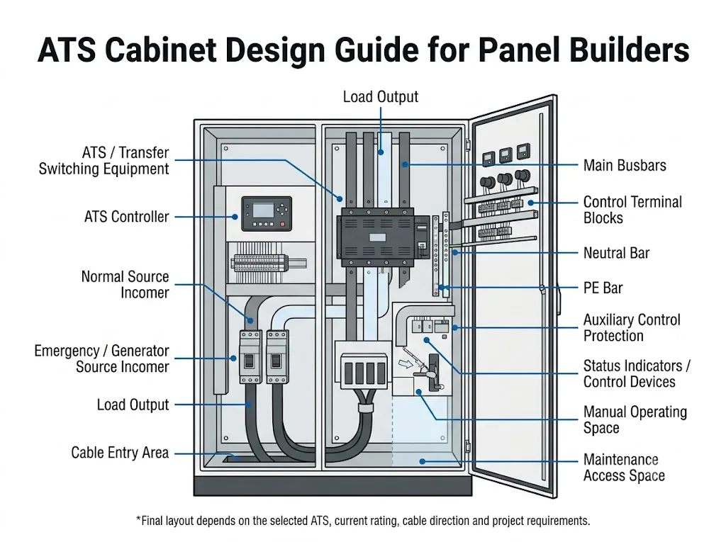Compact integrated ATS cabinet layout showing transfer switch, cable routing, terminals, protection, neutral and PE bars, and maintenance space