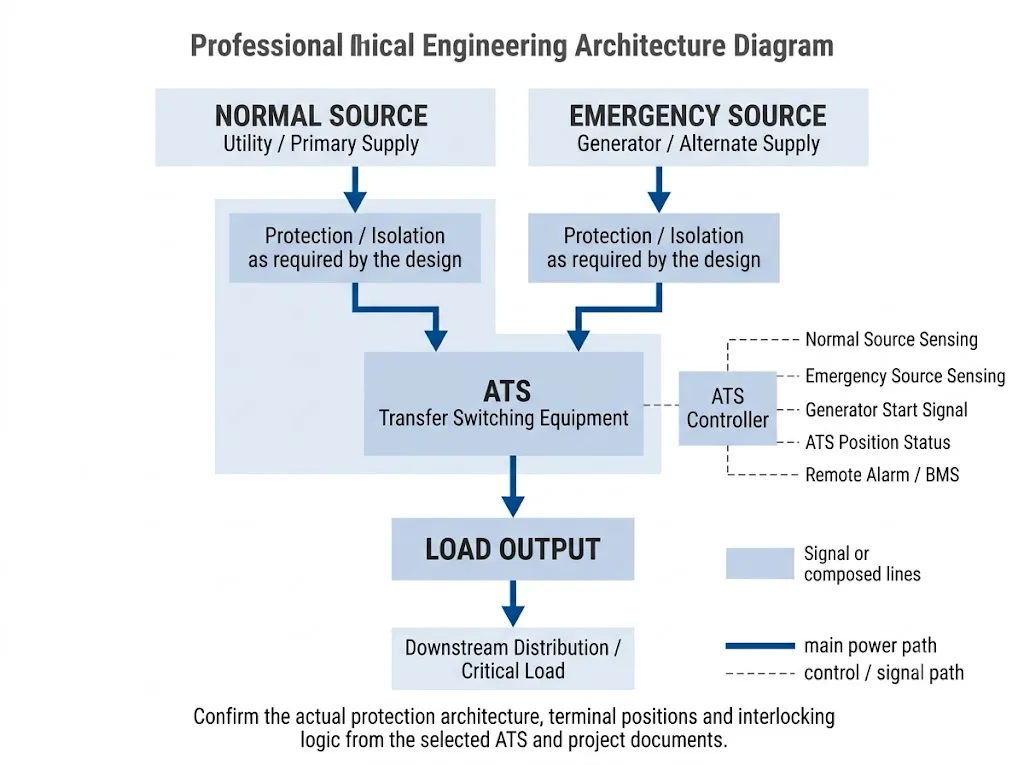 Compact ATS cabinet power path diagram showing normal source, emergency source, automatic transfer switch, protection, and load