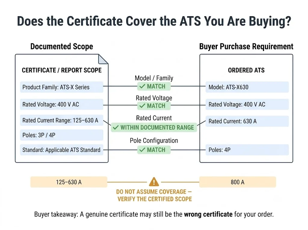 Verificação do âmbito do certificado ATS, comparando o número do modelo, a corrente nominal, a tensão e a configuração dos pólos com a encomenda do comprador
