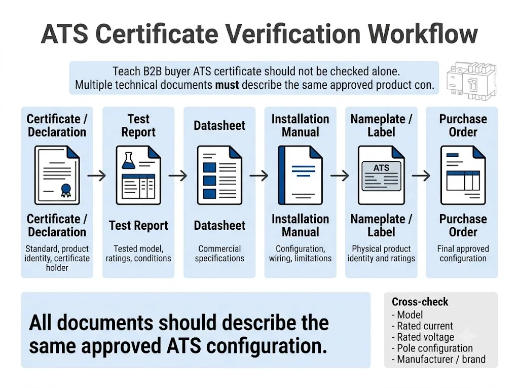 Fluxo de trabalho de verificação do certificado do comutador automático de transferência, desde o certificado e o relatório de ensaio até à placa de identificação e à ordem de compra