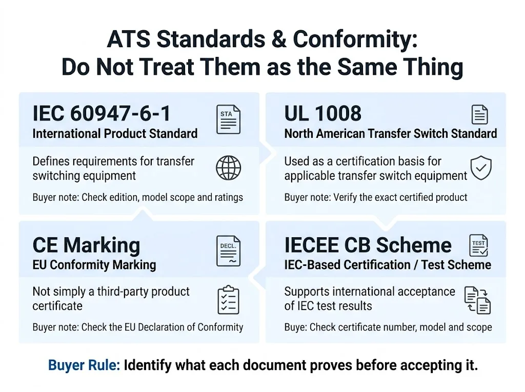 Comparação entre as normas IEC 60947-6-1, UL 1008, a marcação CE e o Esquema CB da IECEE para compradores de comutadores de transferência automática