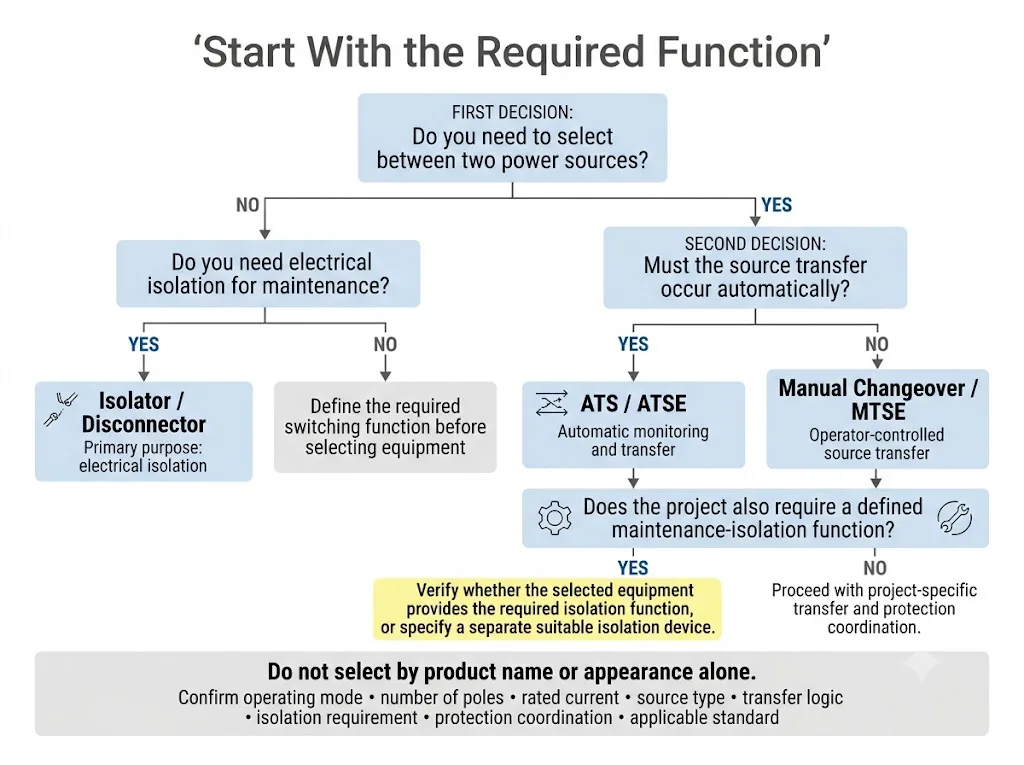 Selection flow for choosing an ATS, manual changeover switch or isolator