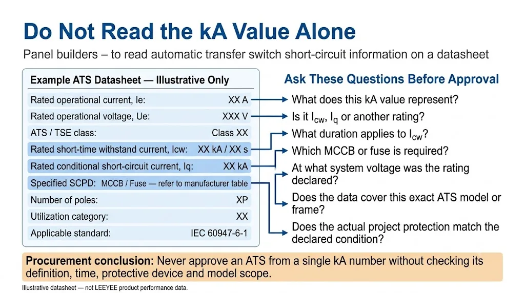 How to read ATS datasheet short-circuit ratings including Icw Iq duration and SCPD