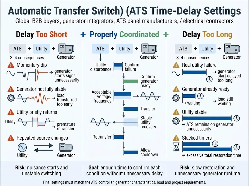 Comparison of ATS time delay settings that are too short, appropriate, or too long