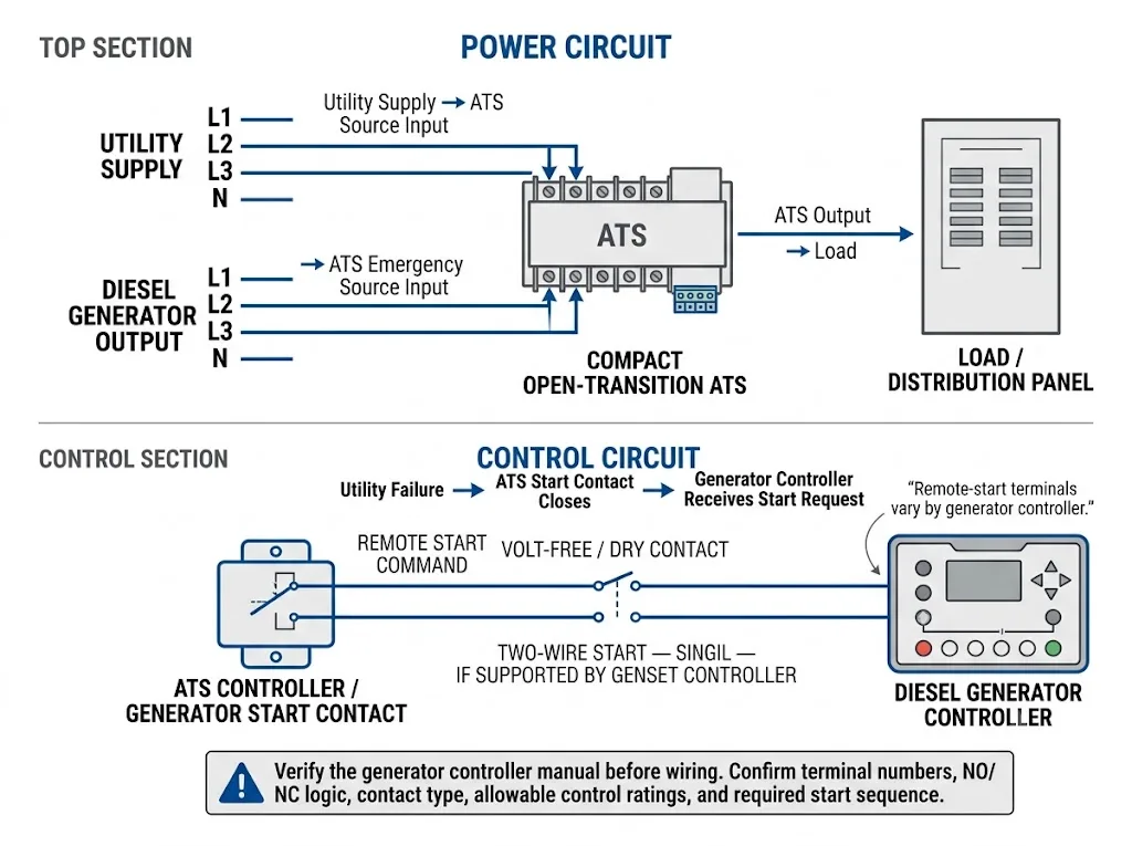 ATS dry contact remote start connection to a diesel generator controller with separate power and control wiring