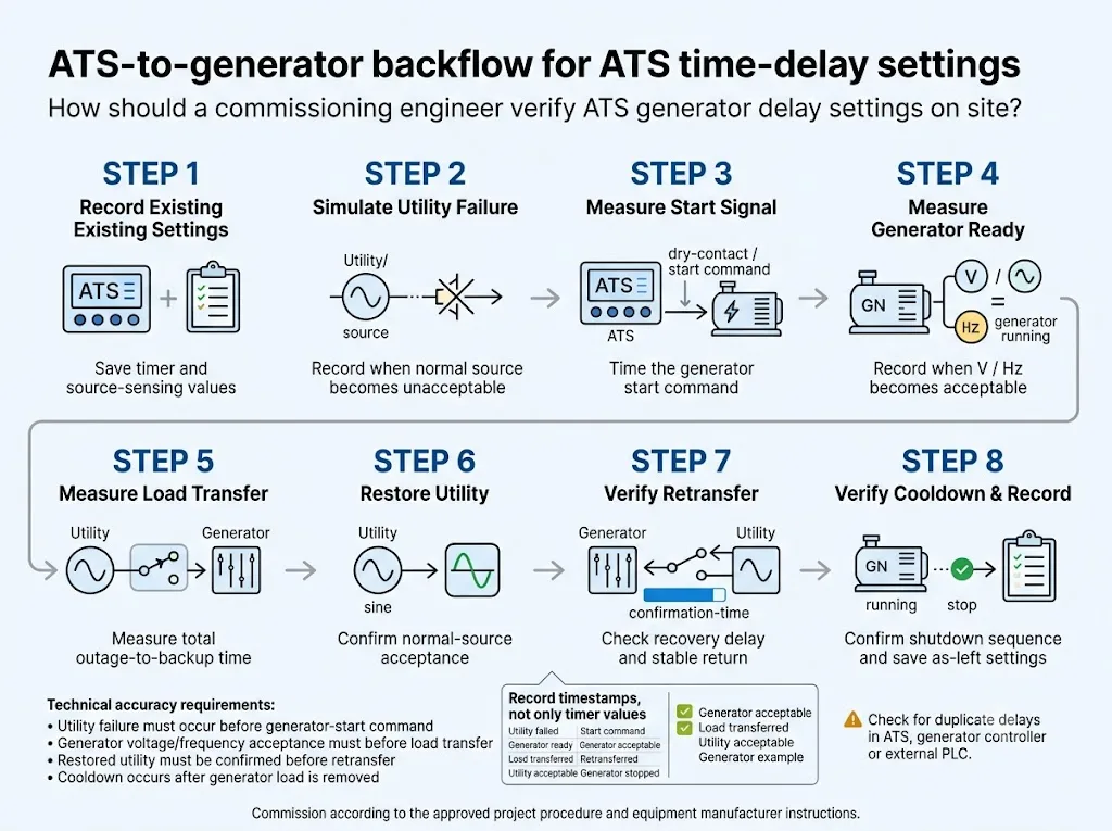ATS generator commissioning timeline for testing time delay settings