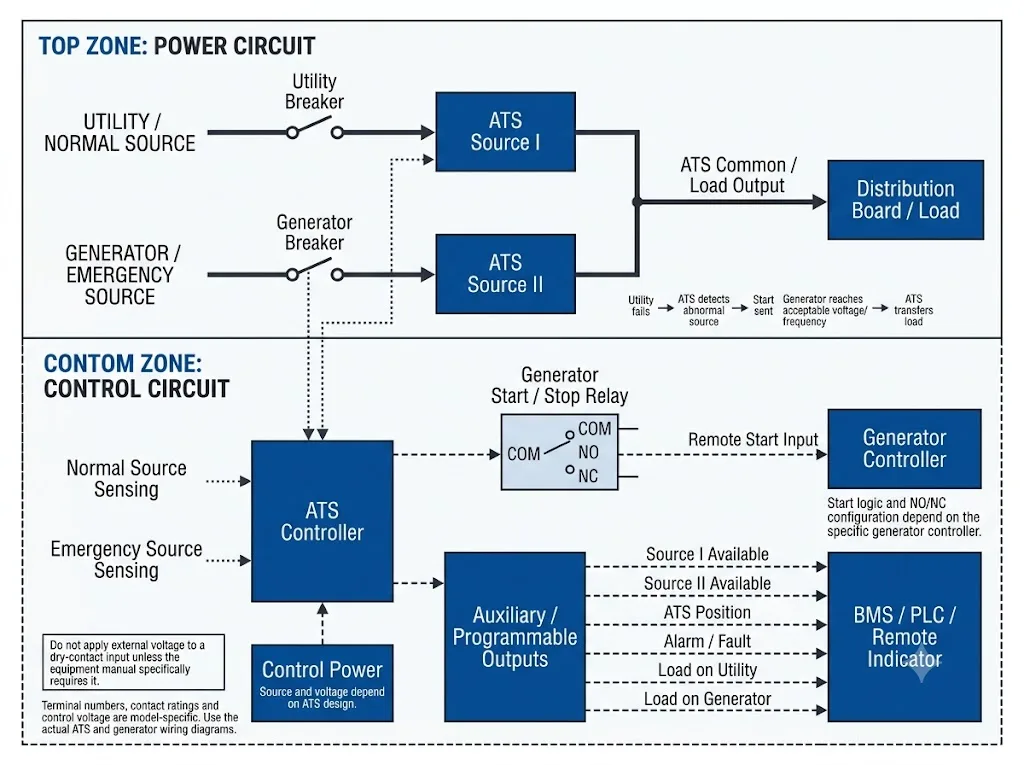 Schema elettrico del segnale di avviamento del generatore ATS e del comando dei contatti ausiliari