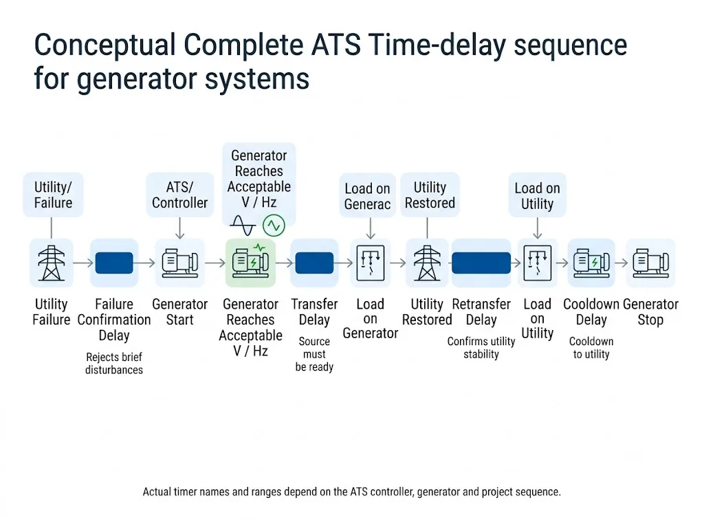 ATS generator time delay sequence from utility failure to generator cooldown