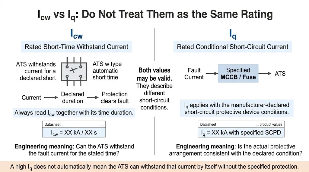 Difference between ATS Icw and Iq short-circuit ratings for Class PC automatic transfer switches