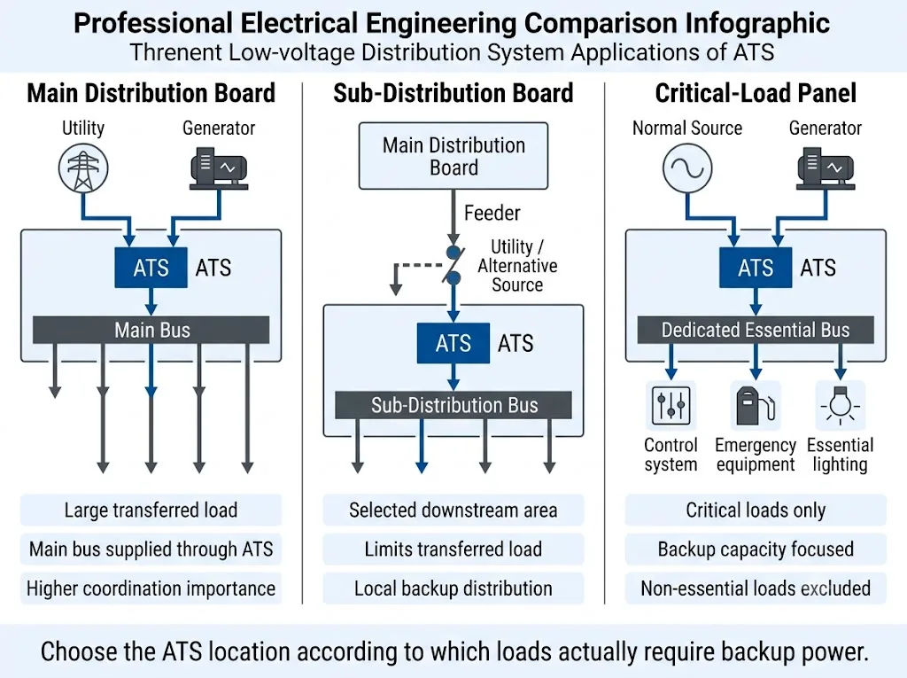 Comparação da utilização de ATS compactos no quadro de entrada, no quadro de subdistribuição e no painel de cargas críticas