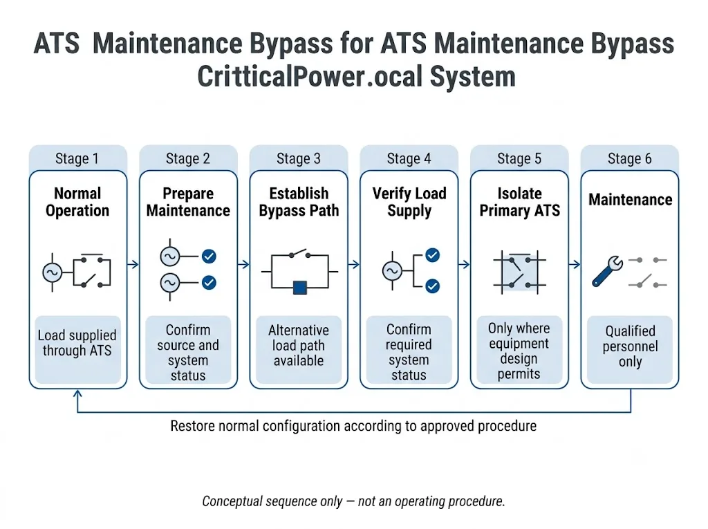 Conceptual ATS maintenance bypass sequence from normal operation to isolation and maintenance