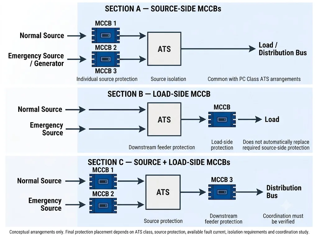 Typical MCCB placement before and after a compact ATS in a distribution panel