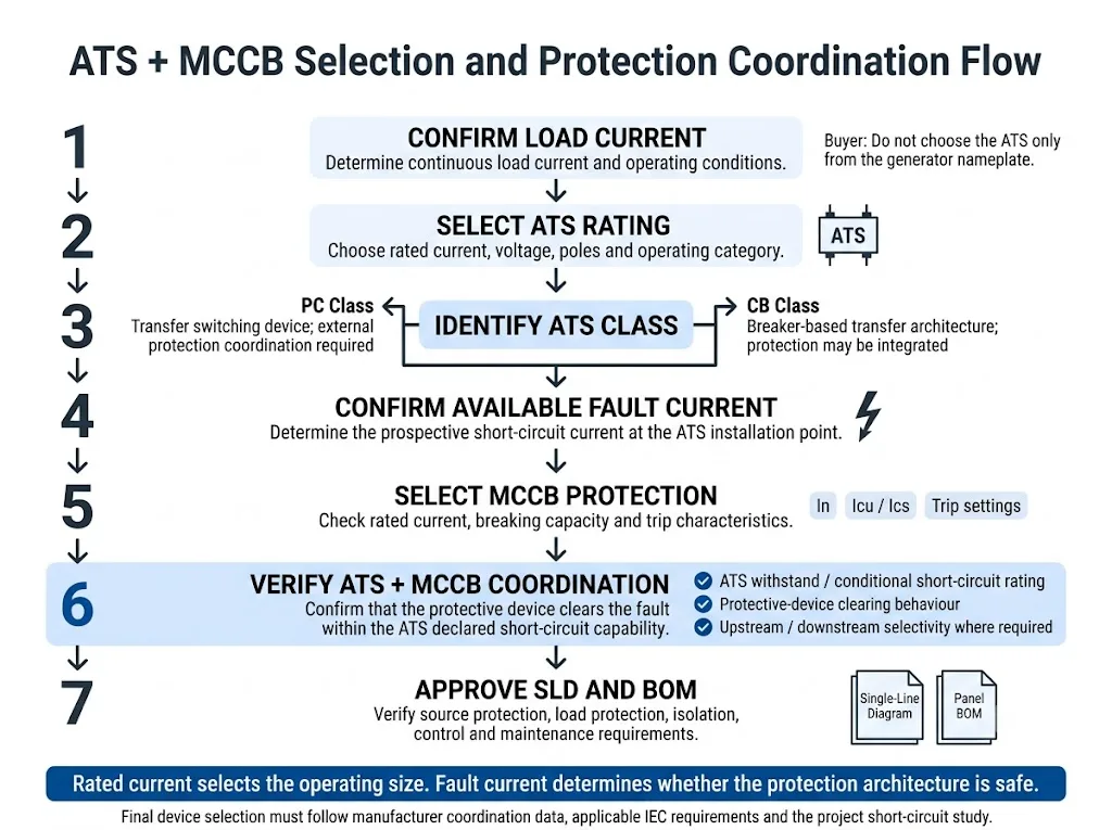 Compact ATS and MCCB selection flow for short-circuit protection coordination