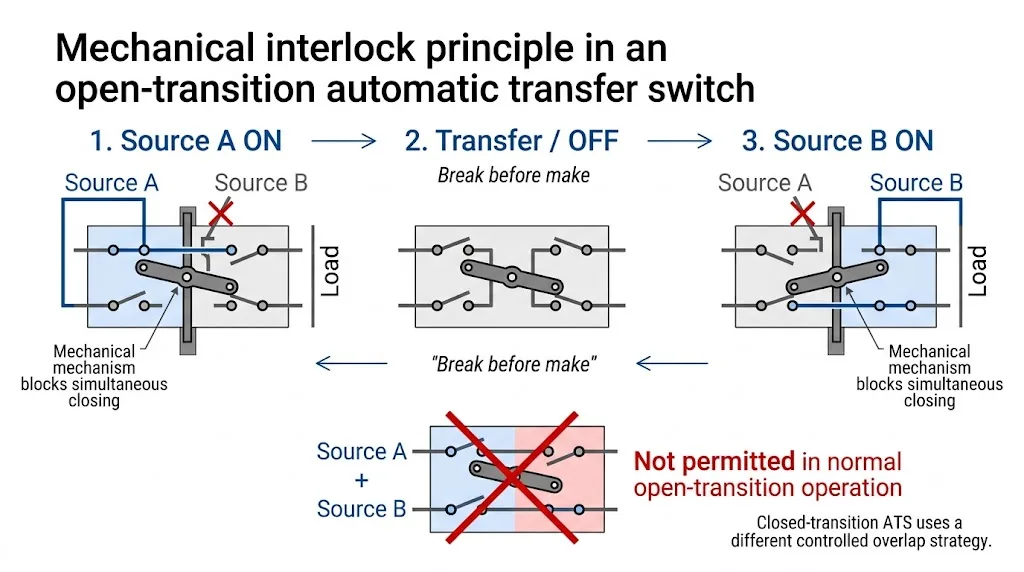 Open-transition ATS mechanical interlock showing Source A on, both sources off during transfer and Source B on