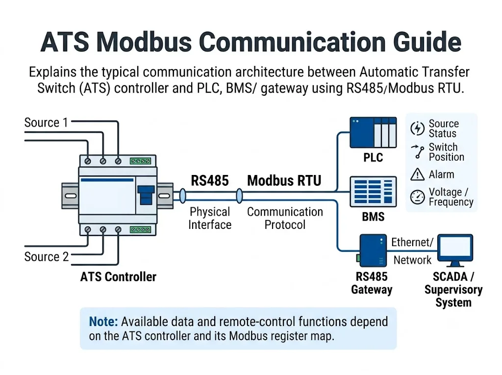 Automatic transfer switch Modbus RTU communication architecture connecting an ATS controller to PLC and BMS through RS485