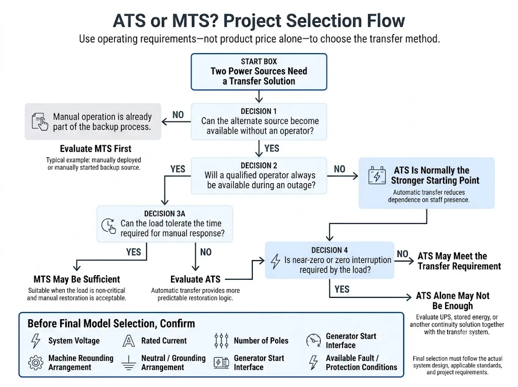 ATS or MTS project selection flowchart based on load criticality, operator availability, and generator automation