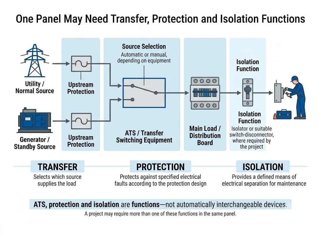 Electrical panel diagram showing separate transfer protection and isolation functions in a utility and generator system