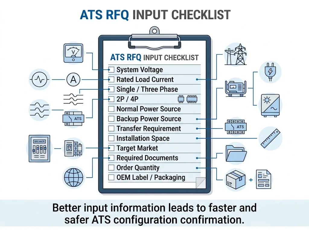 Lista di controllo delle informazioni relative alle richieste di preventivo (RFQ) per commutatori automatici di trasferimento, per progetti OEM e di distribuzione