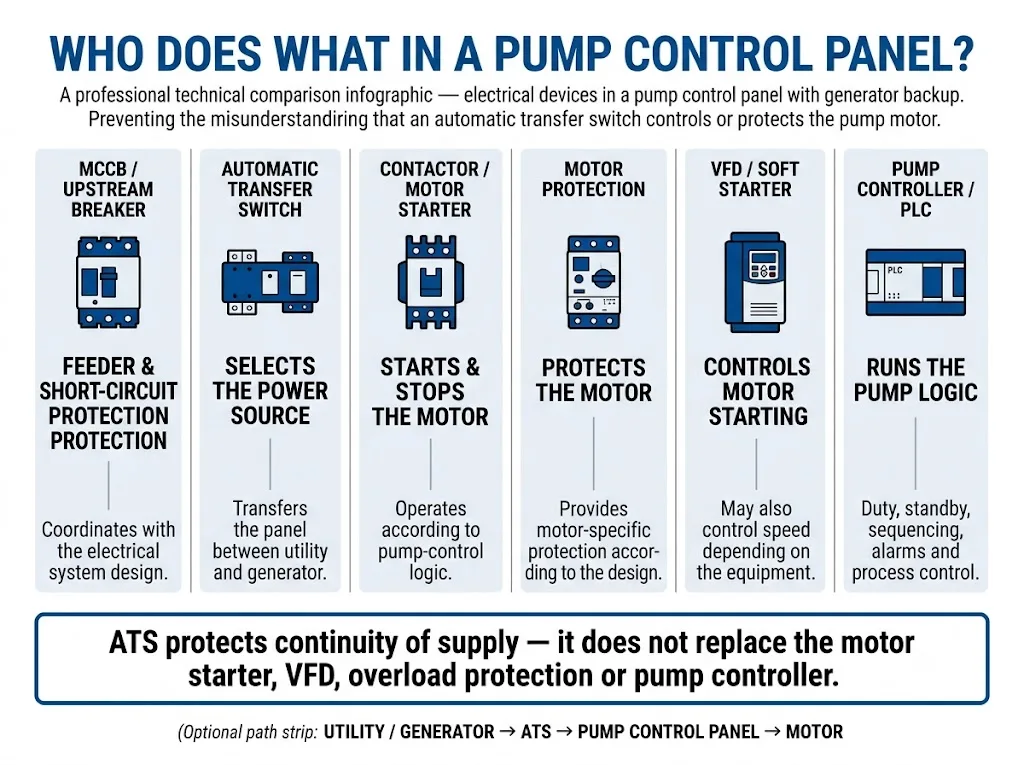 Comparison of ATS MCCB motor starter motor protection VFD and pump controller functions in a pump control panel