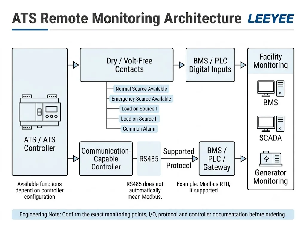 ATS remote monitoring architecture using dry contacts or communication interfaces with BMS, PLC and facility monitoring systems
