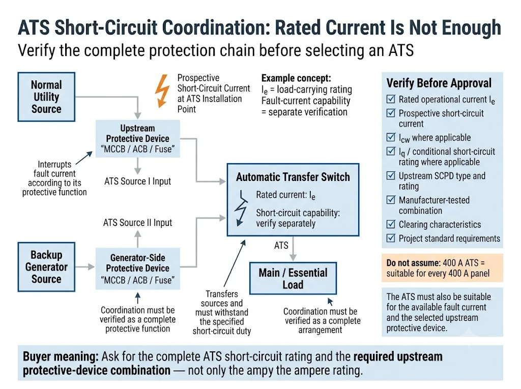 ATS short circuit coordination diagram showing upstream protection fault current and transfer switch ratings